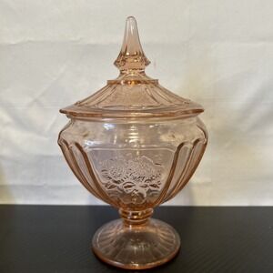 Vtg Anchor Hocking Mayfair Open Rose Pink Depression Glass Stemmed Lid Candy Dis